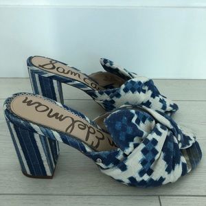 Sam Edelman blue and white block heel mule sandal